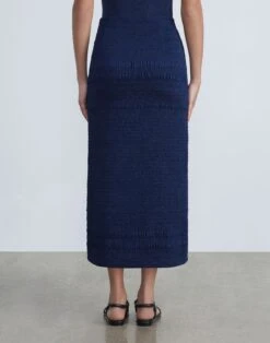 Satin Smocked Stripe Skirt -Chic Daily Fashion msp19h 9327 midnight blue back