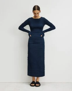 Satin Smocked Stripe Skirt -Chic Daily Fashion msp19h 9327 midnight blue catalog