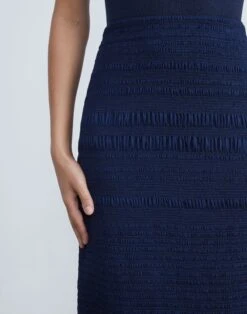 Satin Smocked Stripe Skirt -Chic Daily Fashion msp19h 9327 midnight blue detail