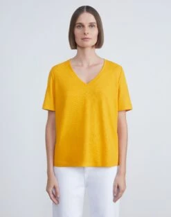 Linen-Cotton Jersey V-Neck Tee -Chic Daily Fashion mtap8r j965 golden yellow