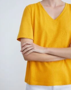 Linen-Cotton Jersey V-Neck Tee -Chic Daily Fashion mtap8r j965 golden yellow detail2