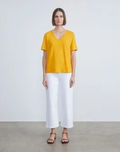 Linen-Cotton Jersey V-Neck Tee -Chic Daily Fashion mtap8r j965 golden yellow full