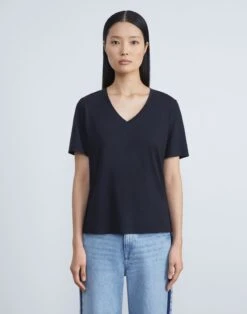 Linen-Cotton Jersey V-Neck Tee -Chic Daily Fashion mtap8r j965 navy