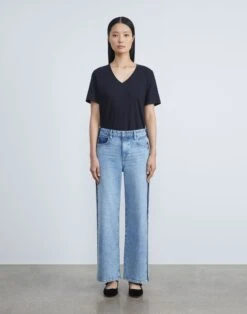 Linen-Cotton Jersey V-Neck Tee -Chic Daily Fashion mtap8r j965 navy full