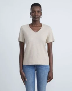 Linen-Cotton Jersey V-Neck Tee -Chic Daily Fashion mtap8r j965 taupe