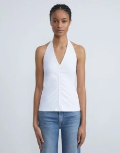 Cotton Rib Ruched Halter Top -Chic Daily Fashion mtas5e j548 white