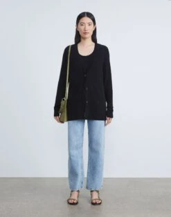 Cashmere Loose Stitch Button-Front Cardigan -Chic Daily Fashion mwaz7r kc04 black full