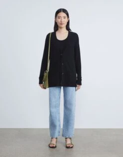 Cashmere Loose Stitch Button-Front Cardigan -Chic Daily Fashion mwaz7r kc04 black full2