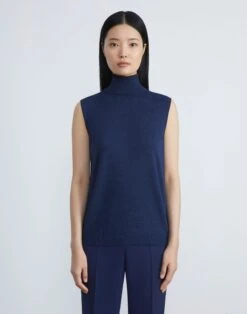 Matte Crepe Sleeveless Turtleneck Sweater -Chic Daily Fashion mwbg9r kv73 midnight blue