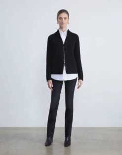 Cashmere Stand Collar Zip-Front Cardigan -Chic Daily Fashion mwbh2r kc04 black full