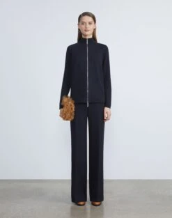 Cashmere Stand Collar Zip-Front Cardigan -Chic Daily Fashion mwbh2r kc04 navy full