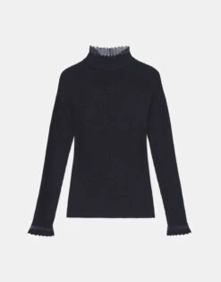 Merino-Silk Ribbed Scalloped-Trim Sweater