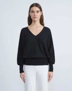 Cotton-Silk Tape Wide V-Neck Dolman Sweater -Chic Daily Fashion mwbs9r kk96 black