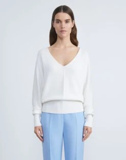 Cotton-Silk Tape Wide V-Neck Dolman Sweater -Chic Daily Fashion mwbs9r kk96 cloud