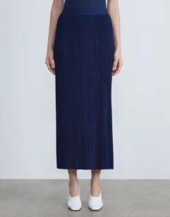 Silk Crepe Knit Pleated Skirt -Chic Daily Fashion mwcc8r ks43 midnight blue