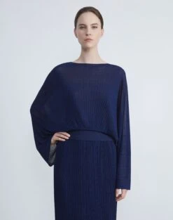 Silk Crepe Knit Pleated Blouson Sweater -Chic Daily Fashion mwcc9r ks43 midnight blue