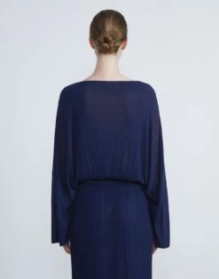 Silk Crepe Knit Pleated Blouson Sweater -Chic Daily Fashion mwcc9r ks43 midnight blue back