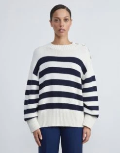 Nautical Stripe Cotton-Wool Chainette Sweater -Chic Daily Fashion mwce1r kw80 creme multi