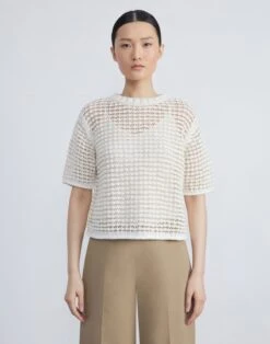 Cotton-Silk Net Stitch Short Sleeve Sweater -Chic Daily Fashion mwce3r kkc2 cloud multi