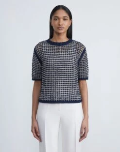 Cotton-Silk Net Stitch Short Sleeve Sweater -Chic Daily Fashion mwce3r kkc2 ink multi