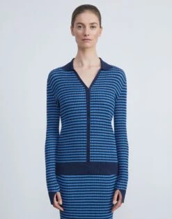 Stripe Matte Crepe Pointelle Collared Cardigan -Chic Daily Fashion mwce4r kv73 midnight blue multi