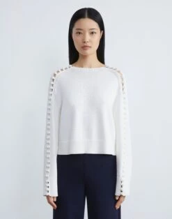 Cotton-Silk Crochet Button Sleeve Sweater -Chic Daily Fashion mwce7e kk96 cloud