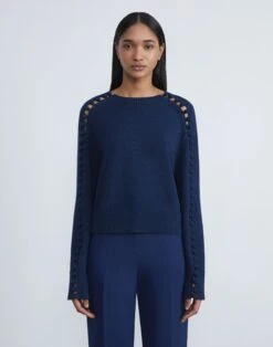 Cotton-Silk Crochet Button Sleeve Sweater -Chic Daily Fashion mwce7e kk96 midnight blue