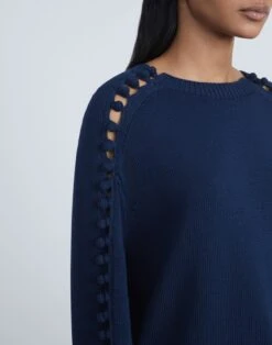 Cotton-Silk Crochet Button Sleeve Sweater -Chic Daily Fashion mwce7e kk96 midnight blue detail