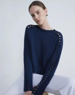 Cotton-Silk Crochet Button Sleeve Sweater -Chic Daily Fashion mwce7e kk96 midnight blue elevated