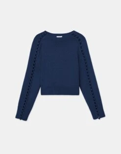 Cotton-Silk Crochet Button Sleeve Sweater -Chic Daily Fashion mwce7e kk96 midnight blue flat