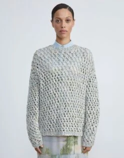 Postcards Print Cotton-Silk Hand-Knit Oversized Sweater -Chic Daily Fashion mwcf2p kke9 aerial blue multi