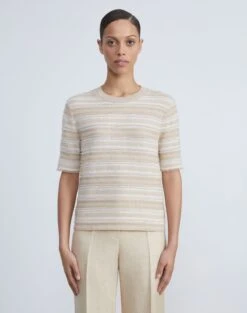 Cashmere & Finespun Voile Stripe Jacquard Fringed Sweater -Chic Daily Fashion mwcg2r kc04 dune multi
