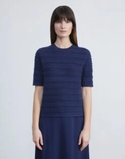 Cashmere & Finespun Voile Stripe Jacquard Fringed Sweater -Chic Daily Fashion mwcg2r kc04 midnight blue