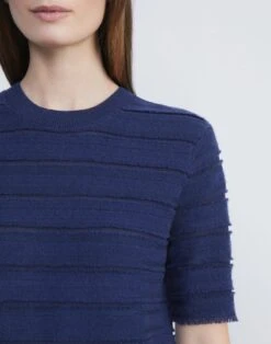 Cashmere & Finespun Voile Stripe Jacquard Fringed Sweater -Chic Daily Fashion mwcg2r kc04 midnight blue detail