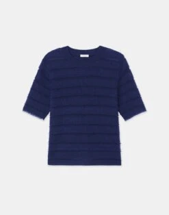 Cashmere & Finespun Voile Stripe Jacquard Fringed Sweater -Chic Daily Fashion mwcg2r kc04 midnight blue flat