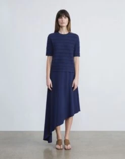 Cashmere & Finespun Voile Stripe Jacquard Fringed Sweater -Chic Daily Fashion mwcg2r kc04 midnight blue full