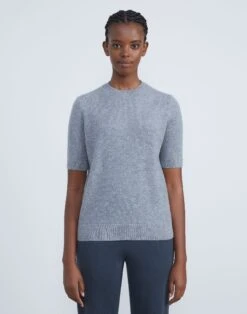 Cashmere Crewneck Short Sleeve Sweater -Chic Daily Fashion mww31r kc04 nickel melange